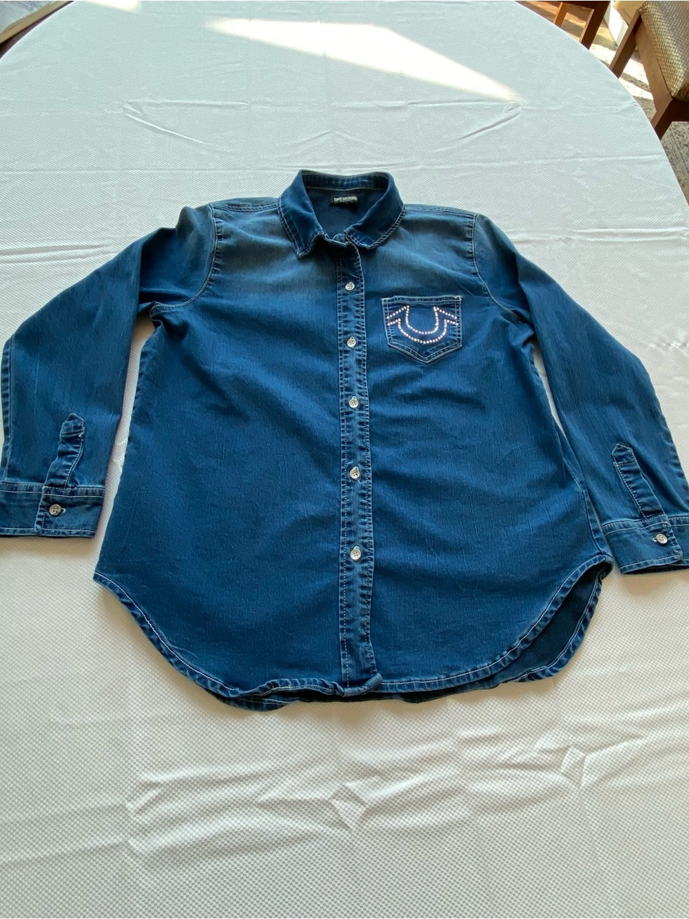 True Religion Women's Blue Denim Button-Down Shirt Coastal Granola - Picture 11 of 16